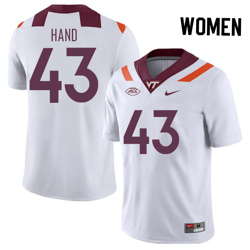Women #43 Josh Hand Virginia Tech Hokies College Football Jerseys Stitched Sale-White - Click Image to Close